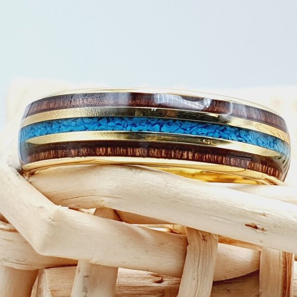 Turquoise Tungsten Ring, Gold Wedding Band Ring, GALTUN1029-9 - Picture 3 of 6